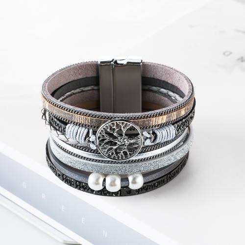 PU Leather Cord Bracelets, with Plastic Pearl, fashion jewelry & multilayer & Unisex, more colors for choice, 37mm, Length:Approx 19.5 cm, Sold By PC