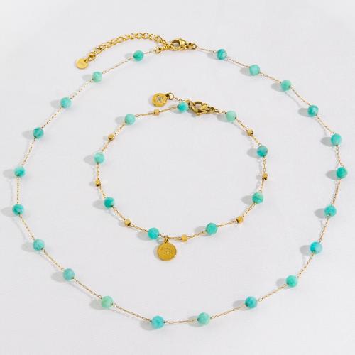 Fashion Stainless Steel Jewelry Sets bracelet & necklace 304 Stainless Steel with ​Amazonite​ Vacuum Ion Plating fashion jewelry & for woman Sold By PC