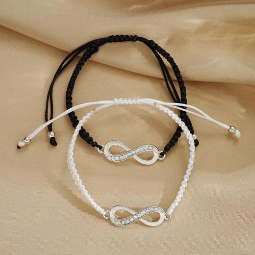 Pulseira de liga de zinco, with Corda de poliéster & cristal, feito à mão, joias de moda & unissex & vazio, branco e preto, comprimento 29 cm, vendido por par