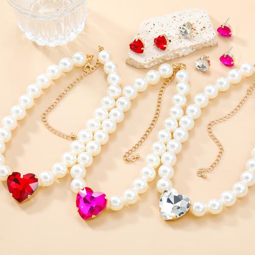 Tibetan Style Jewelry Sets, Stud Earring & necklace, with Glass Rhinestone & Plastic Pearl, fashion jewelry & for woman, more colors for choice, Sold By Set