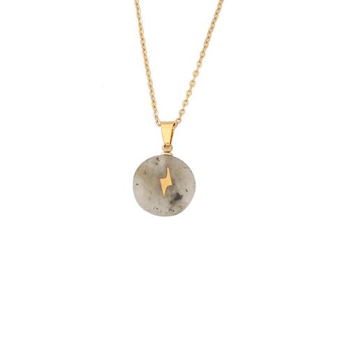 304 Stainless Steel Necklace, with Gemstone, with 2inch extender chain, Flat Round, gold color plated, different materials for choice & for woman, Length:Approx 15.7 Inch, Sold By PC