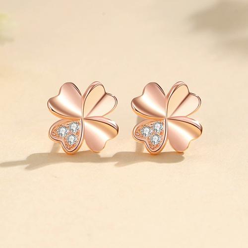 Cubic Zirconia Micro Pave Sterling Silver Earring, 925 Sterling Silver, Four Leaf Clover, fashion jewelry & different styles for choice & for woman & with rhinestone, more colors for choice, 9x9mm, Sold By Pair