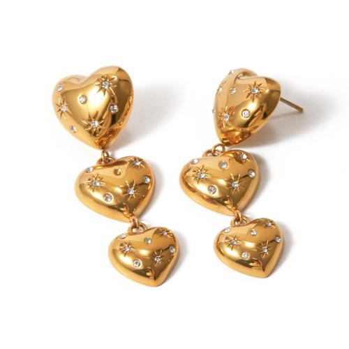 Ανοξείδωτο χάλυβα Drop σκουλαρίκι, 304 από ανοξείδωτο χάλυβα, Καρδιά, 18K επιχρυσωμένο, κοσμήματα μόδας & για τη γυναίκα & με στρας, χρυσαφένιος, 48.50x18.20mm, Sold Με Ζεύγος