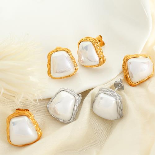 Boucle d'oreille Acier Titane, avec perle de plastique, Placage, bijoux de mode, plus de couleurs à choisir, 16x16mm, Vendu par paire