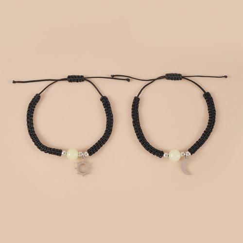 Couple Bracelet and Bangle, Tibetan Style, with Night-Light Stone & Polyester Cord, plated, 2 pieces & Unisex & luminated, black, Length:Approx 16-30 cm, Sold By Set