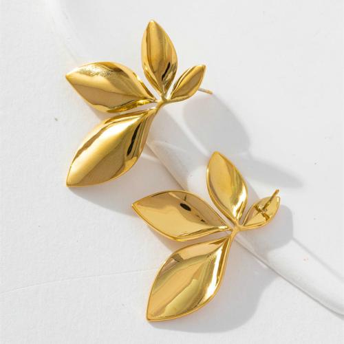 Stainless Steel Stud Earrings, 304 Stainless Steel, Leaf, 18K gold plated, fashion jewelry & for woman, golden, 22x34mm, Sold By Pair