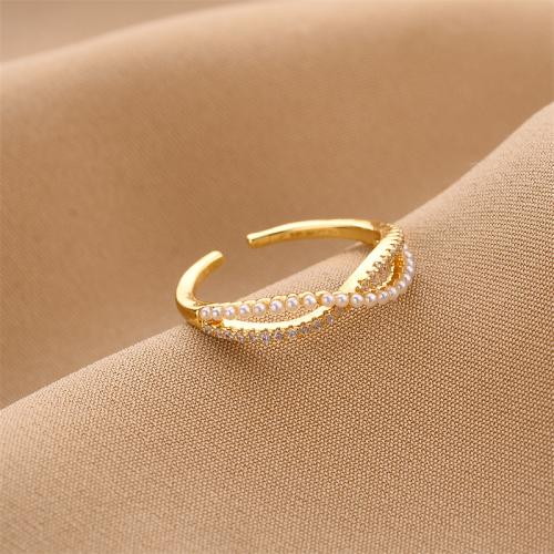 Brass Finger Ring, with Plastic Pearl, fashion jewelry & for woman & with rhinestone, golden, US Ring Size:7, Sold By PC
