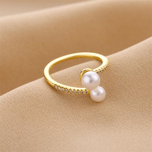 Brass Finger Ring, with Plastic Pearl, fashion jewelry & for woman & with rhinestone, golden, US Ring Size:7, Sold By PC