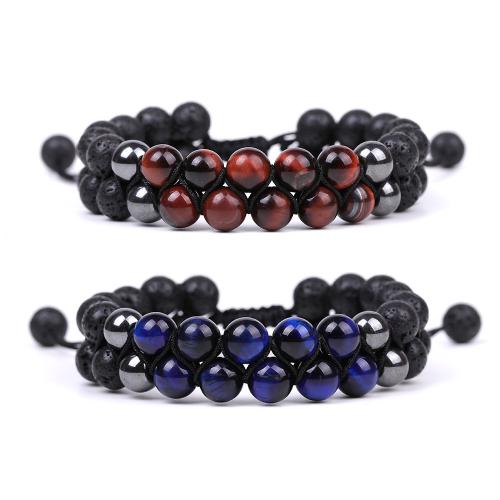 Gemstone Bracelets Lava with Knot Cord & Tiger Eye & Hematite Round Adjustable & fashion jewelry & Unisex 8mm Length Approx 18-23 cm Sold By PC