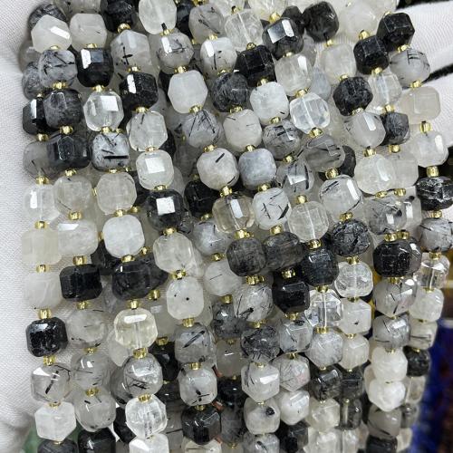 Natürlicher Quarz Perlen Schmuck, Schwarzer Rutilquarz, Quadrat, Modeschmuck & DIY & verschiedene Größen vorhanden & facettierte, gemischte Farben, verkauft per ca. 38 cm Strang