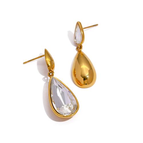 Stainless Steel Drop Earring 304 Stainless Steel Teardrop 18K gold plated fashion jewelry & for woman & with rhinestone golden Sold By Pair
