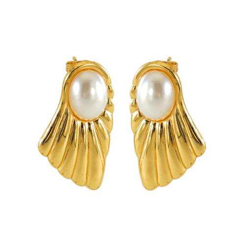 Edelstahl Ohrringe, 304 Edelstahl, mit Kunststoff Perlen, 18K vergoldet, Modeschmuck & für Frau, goldfarben, 35x19mm, verkauft von Paar