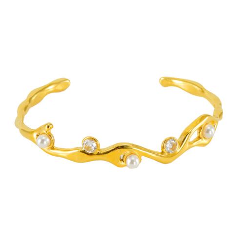 Stainless Steel Bangle 304 Stainless Steel with Plastic Pearl 18K gold plated fashion jewelry & for woman golden Sold By PC