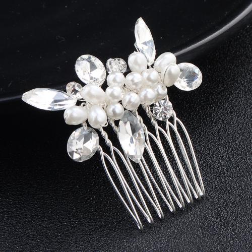 Decorative Hair Combs, Tibetan Style, with Crystal & Plastic Pearl, fashion jewelry & for woman, silver color, 55x50mm, Sold By PC