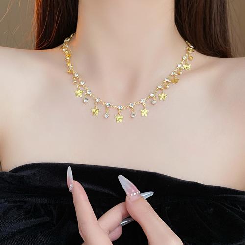 Brass Necklace, with 9.6 extender chain, Butterfly, plated, fashion jewelry & with rhinestone, golden, nickel, lead & cadmium free, Length:37.7 cm, Sold By PC