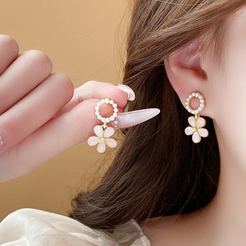 Tibetan Style Drop Earrings, with Plastic Pearl, Flower, plated, fashion jewelry, pink, nickel, lead & cadmium free, 13x18mm, Sold By Pair