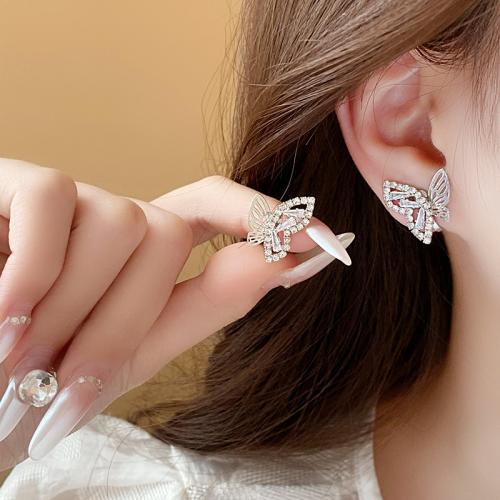 Earring Jewelry Brass Butterfly plated fashion jewelry & with rhinestone silver color nickel lead & cadmium free Sold By Pair
