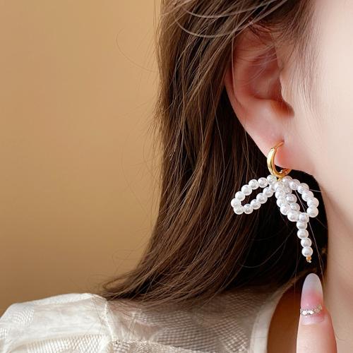 Tibetan Style Stud Earring, with Plastic Pearl, Bowknot, fashion jewelry, golden, 35x41mm, Sold By Pair