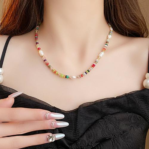 Natural Gemstone Necklace, Natural Stone, with Freshwater Pearl, with 8.5cm extender chain, fashion jewelry, multi-colored, Length:39.4 cm, Sold By PC