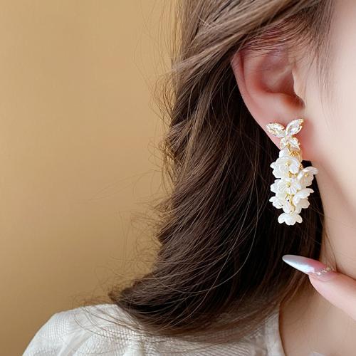 Cubic Zirconia Micro Pave Brass Earring with Resin Flower plated fashion jewelry & micro pave cubic zirconia white nickel lead & cadmium free Sold By Pair