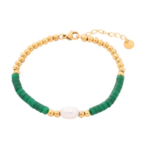 Edelstahl Schmuck Armband, 304 Edelstahl, mit Naturstein & Kunststoff Perlen, mit Verlängerungskettchen von 4CM, plattiert, für Frau, goldfarben, Länge:ca. 16 cm, verkauft von PC