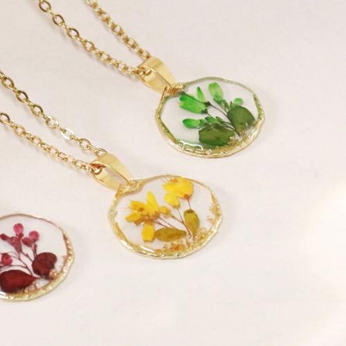 Pressed Dried Flower Jewelry  Zinc Alloy with 304 Stainless Steel Chain & Dried Flower with 5cm extender chain epoxy gel & for woman Length 45 cm Sold By Bag