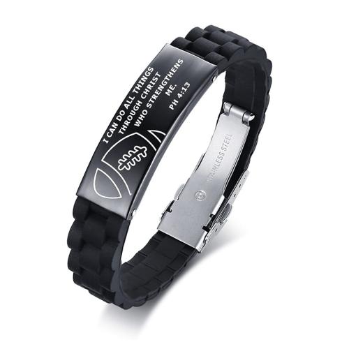 Bracelets en silicone, avec Acier inoxydable 304, fait à la main, modèles différents pour le choix & pour homme, noire, Vendu par PC