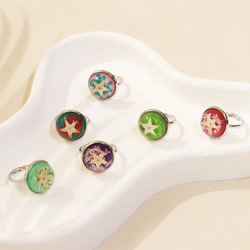 Brass δάχτυλο του δακτυλίου, Ορείχαλκος, με Αστερίας & Αποξηραμένα λουλούδια & Κεχριμπάρι, εποξική αυτοκόλλητο, διαφορετικά στυλ για την επιλογή & για τη γυναίκα, περισσότερα χρώματα για την επιλογή, 6PCs/τσάντα, Sold Με τσάντα