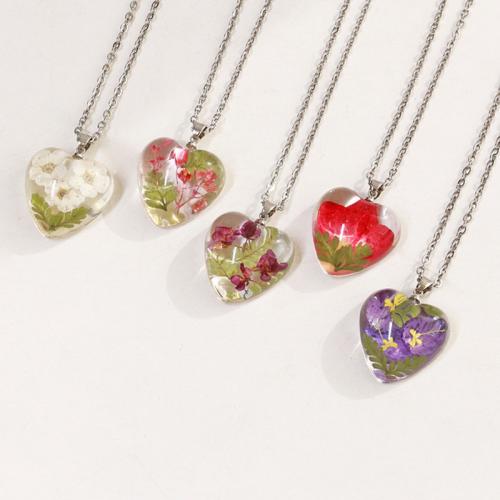 Pressed Dried Flower Jewelry , 304 Stainless Steel Chain, with Dried Flower & Resin, with 5cm extender chain, epoxy gel, different styles for choice & for woman, more colors for choice, Length:45 cm, 6PCs/Bag, Sold By Bag