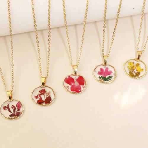 Pressed Dried Flower Jewelry  Zinc Alloy with 304 Stainless Steel Chain & Dried Flower & Resin epoxy gel & for woman Length 45 cm Sold By Bag