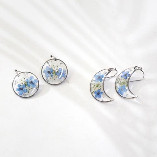 Pressed Dried Flower Jewelry , 304 Stainless Steel, with Dried Flower & Resin, epoxy gel, different styles for choice & for woman, blue, 6Pairs/Bag, Sold By Bag