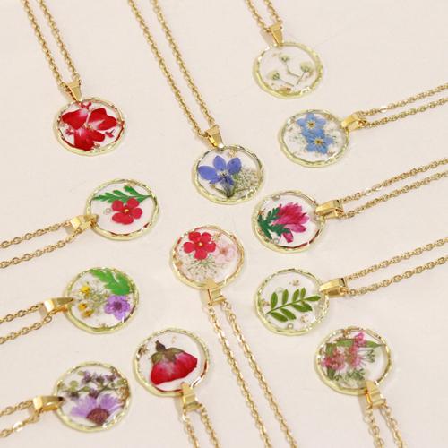 Pressed Dried Flower Jewelry , Tibetan Style, with 304 Stainless Steel Chain & Dried Flower & Resin, with 5cm extender chain, epoxy gel, different styles for choice & for woman, more colors for choice, Length:45 cm, 6PCs/Bag, Sold By Bag