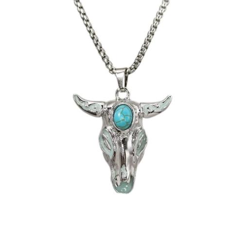 Tibetan Style Necklace, with Turquoise & 304 Stainless Steel, Horn, plated, for man & luminated, more colors for choice, Length:Approx 27.6 Inch, Sold By PC