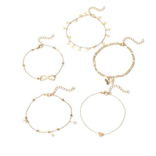 Iron Anklet, with Plastic Pearl, gold color plated, 5 pieces & for woman, Sold By Set