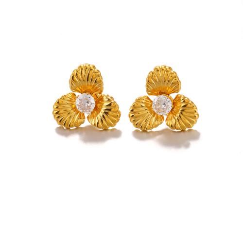 304 Stainless Steel Stud Earring Flower gold color plated micro pave cubic zirconia & for woman Sold By Pair