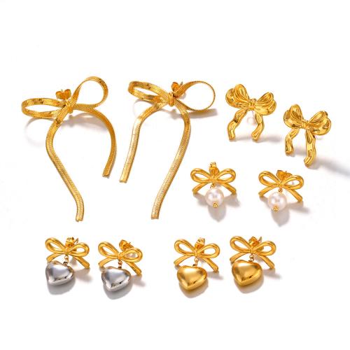 304 rustfrit stål Drop Earring, med Plastic Pearl, Bowknot, forgyldt, forskellige stilarter for valg & for kvinde, Solgt af par