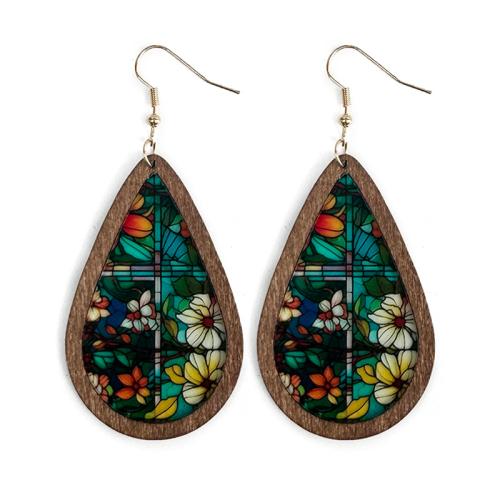 Acrylic Drop Earring, with Wood & Iron, Teardrop, printing, Translucent & different styles for choice & for woman, 82mm, Sold By Pair