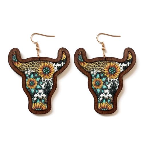Wood Drop Earring with Iron Bull Bohemian style & for woman 70mm Sold By Pair