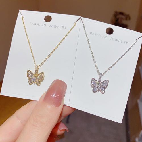 Brass Necklace, with 2inch extender chain, Butterfly, plated, micro pave cubic zirconia & for woman, more colors for choice, Length:Approx 15.7 Inch, Sold By PC