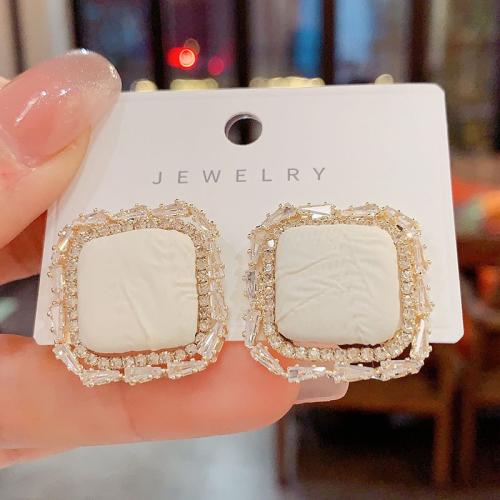 Brass Stud Earring, with Cloth, Square, real gold plated, micro pave cubic zirconia & for woman, more colors for choice, 25x25mm, Sold By Pair