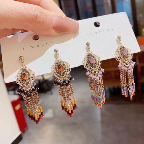 Brass Tassel Earring, with Seedbead & Crystal, Geometrical Pattern, real gold plated, vintage & for woman & with rhinestone, more colors for choice, 16x57mm, Sold By Pair