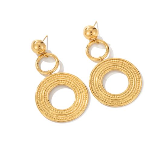 Titanium Steel Drop Earring, Donut, gold color plated, for woman & hollow, 32x59mm, Sold By Pair