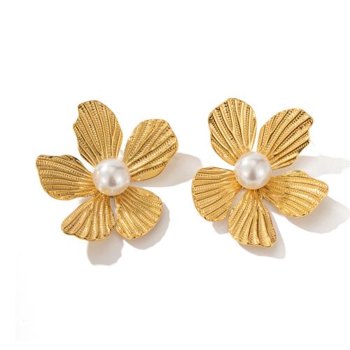 Titanium Steel Drop Earring with Resin & Plastic Pearl Flower 18K gold plated & for woman Sold By Pair