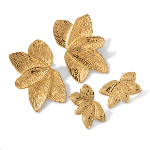 Titanium Steel Stud Earring, Leaf, gold color plated, different size for choice & for woman, Sold By Pair