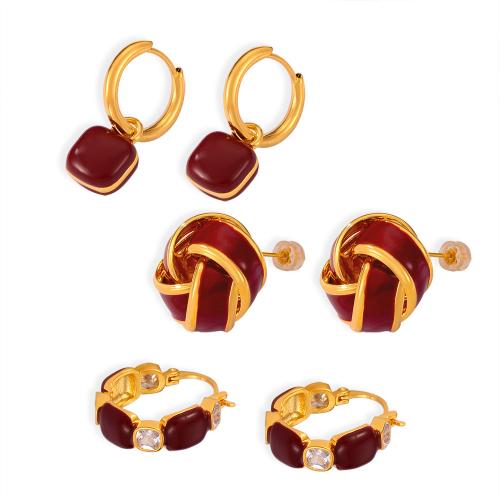 Titanium Staal Earring, verschillende stijlen voor de keuze & micro pave zirconia & voor vrouw & glazuur, gouden, Verkocht door pair