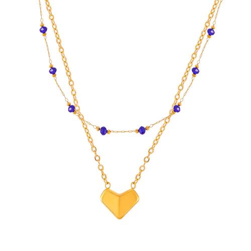 Titanium stål halskæde, med Krystal, med 5cm extender kæde, Heart, Dobbelt lag & mode smykker & for kvinde, gylden, 10x10mm, Længde Ca. 38 cm, Solgt af PC