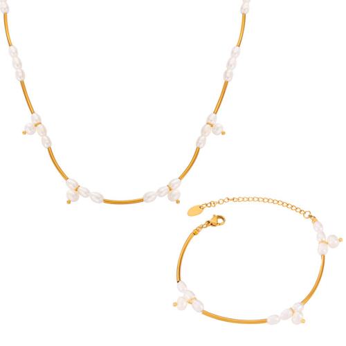 Set di gioielli , Titantium acciaio, with perla d'acquadolce coltivata naturalmente, gioielli di moda & stili diversi per la scelta & per la donna, dorato, 10x10mm, Venduto da PC