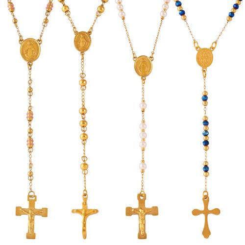 Titanstahl Halskette, mit Muschelkern & Kristall, Kreuz, Modeschmuck & verschiedene Stile für Wahl & für Frau, goldfarben, verkauft von PC