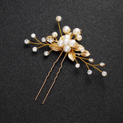 Hair Stick, Tibetan Style, with ABS Plastic Pearl, fashion jewelry & for woman & with rhinestone, golden, 90x90mm, Sold By PC