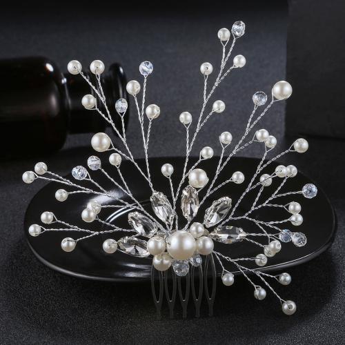 Decorative Hair Combs, Tibetan Style, with Plastic Pearl, fashion jewelry & for woman & with rhinestone, silver color, 120x110mm, Sold By PC